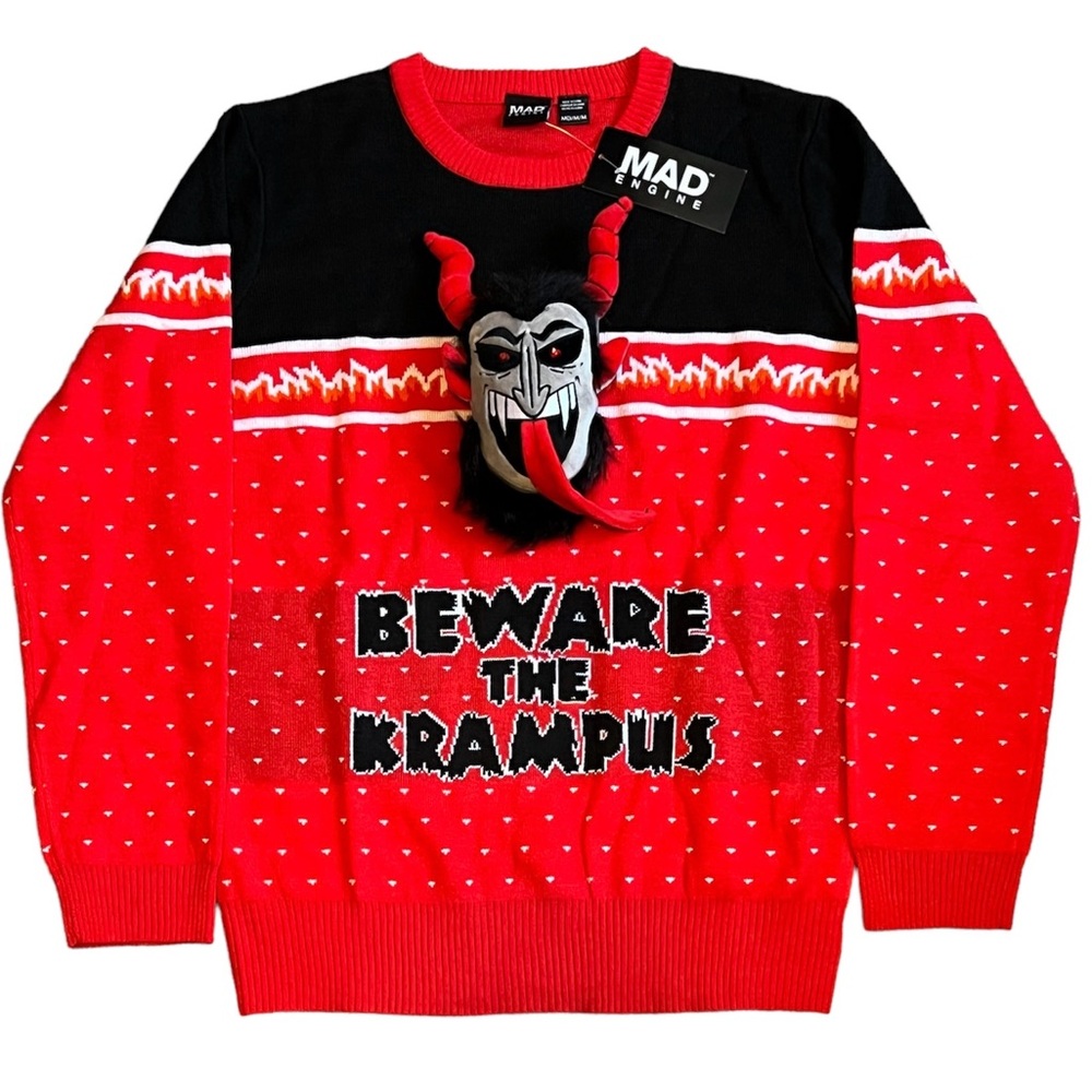 Mad Engine BEWARE THE KRAMPUS Red Black Ugly Christmas Sweater Unisex Medium NWT